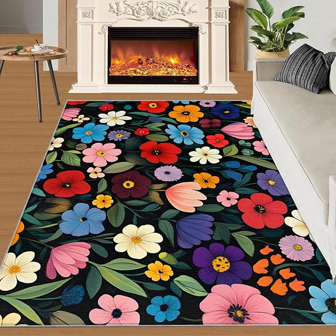 Boho Flowers Rugs for Bedroom - 4x5 Area Rug - Cartoon Flowers Rugs for Living Room, Abstract 3D Floral Rug, Non-Slip Washable Home Decor Carpet