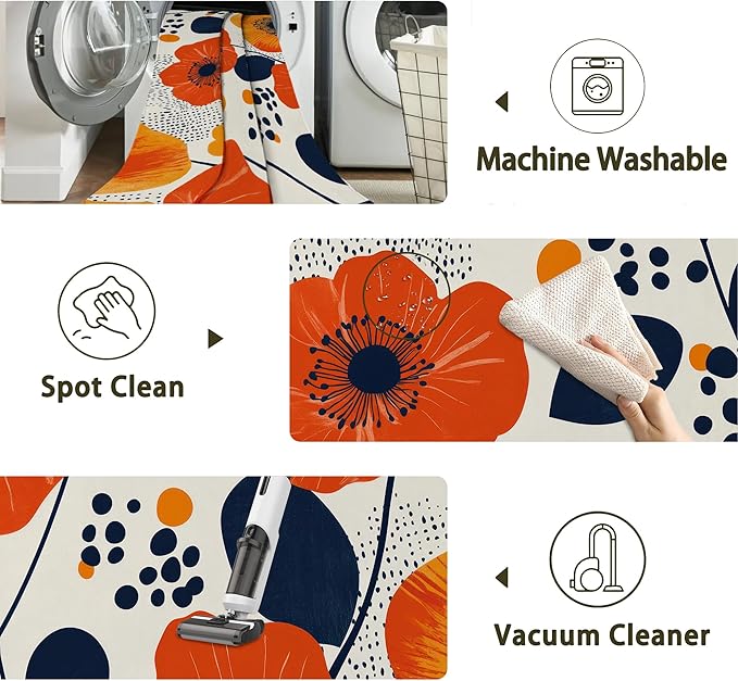 Boho Orange Flowers Autumn Carpet for Living Room, 5x7 Non-Slip Washable Low Pile Abstract Design Rug, Space Saving Area Rug for Bedroom, Dining Room