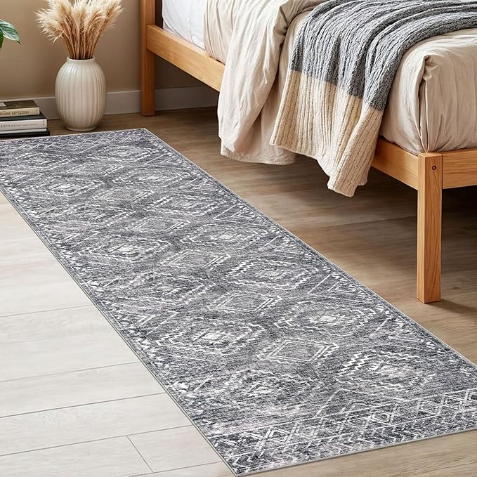 KILOCOCO Boho Kitchen Runner Rug 2x6 Washable Runner Rug Soft Runners for Hallways Non Slip Printed Distressed Laundry Room Rugs, Low-Pile Runners for Entryway Bedroom Living Room, Grey