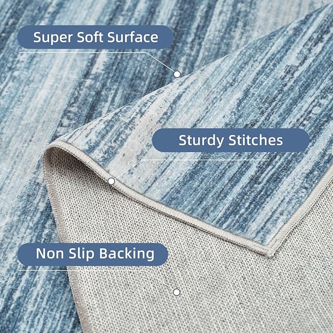 PADOOR Modern Abstract Area Rug - 8x10 Washable Rugs Non-Slip, Large Rug Ultra Soft Low Pile Rugs for Living Room Bedroom Dining Room Nursery Room Playroom Blue