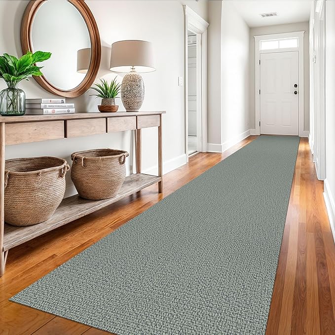 EARTHALL Extra Long Runner Rug 3x16 Ft Washable Runners for Hallways Cotton Non Slip Entryway Runner Braided Kitchen Runner Indoor Outdoor Carpet Runners for Hotels, Hall, Stair, Green/Grey