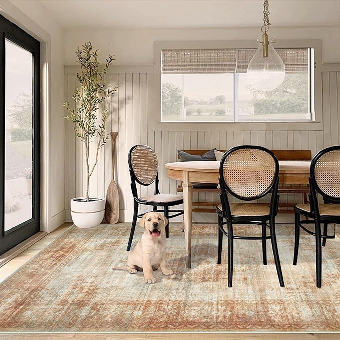 Vintage Living Room Area Rug - 6x9 Large Machine Washable Boho Moroccan Rug Distressed Farmhouse Rugs for Bedroom - Soft Non-Slip Indoor Carpet for Dining Room Office Nursery (Brown, 6'x9')