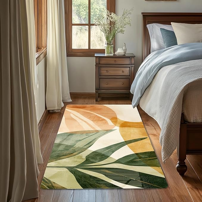 Boho Tropical Leaves Washable Living Room Area Rug, Low Profile Abstract Pattern, 3x5 Non-Slip Backing Carpet for Kitchen, Bedroom, Dining Room
