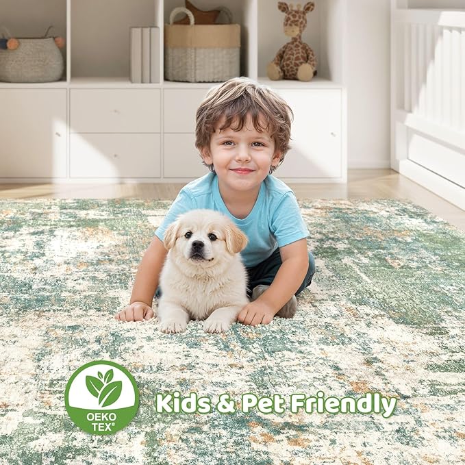 6x8 Area Rug Living Room: Washable Large Abstract Soft Green Rug Stain Resistant Indoor Floor Non-Slip Accent Carpet for Men Modern Home Enthusiasts Aged 25-45 - Bedroom Office Playroom