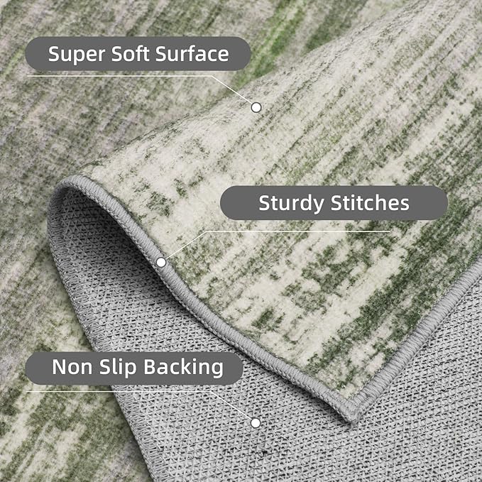PADOOR Modern Abstract Area Rug - 3x5 Washable Rugs Non-Slip Small Carpet, Ultra Soft Low Pile Floor Rugs for Entrance Front Door Bedroom Bedside Laundry Room Green