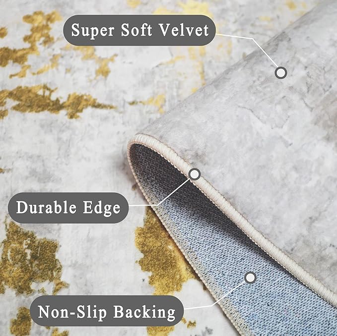vivorug Washable Rug, Ultra Soft Area Rug 4x6, Non Slip Abstract Small Rug, Stain Resistant Rugs for Living Room Bedroom, Modern Fluffy (Grey/Mustard, 4'x6')
