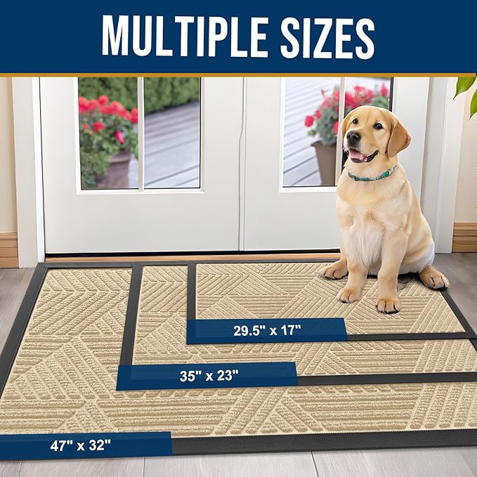 Kitinjoy Front Door Mat Outside Entrance, Sturdy Natural Dirt Trapper, Heavy Duty Rubber Doormat, Low Profile Non-Slip Backing, Easy Clean Floor Mat for Indoor Outdoor Entry, 35X23 Inch, Beige
