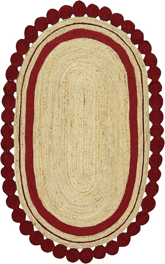 2.6x8 Oval Jute Runner – Flatweave Kilim Style, Hand Braided Natural Jute, 0.27" Thick, Solid Red Beige Handmade Boho Carpet for Hallway, Kitchen, Entryway