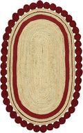 2x6 Oval Jute Runner – Handmade Boho Flatweave Kilim Rug, Solid Red Beige, 0.27" Thick, Hand Braided Natural Jute Carpet for Indoor Outdoor Kitchen, Entryway