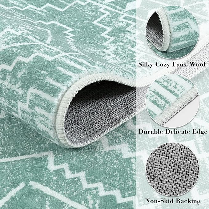 Wonnitar Moroccan Area Rugs 4x6, Sage Green Boho Rug for Bedroom, Washable Ultra-Thin Living Room Throw Mat, Farmhouse Geometric Soft Print Carpet for Nursery Bathroom Kitchen (Mint Green,4'x6')