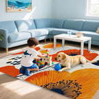 Boho Orange Flowers Autumn Carpet for Living Room, 5x7 Non-Slip Washable Low Pile Abstract Design Rug, Space Saving Area Rug for Bedroom, Dining Room
