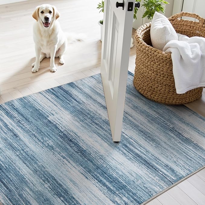 PADOOR Modern Abstract Runner Rug - 2.6x8 Washable Hallway Rugs, Ultra Soft Non-Slip Low Pile Floor Rugs for Hallway Entryway Kitchen Bedroom Bedside Laundry Room Blue