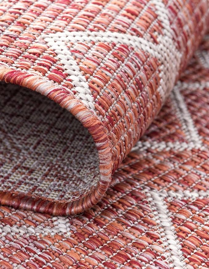 Unique Loom Outdoor Trellis Collection Area Rug - Tribal Trellis (13' Square, Rust Red/ Ivory)