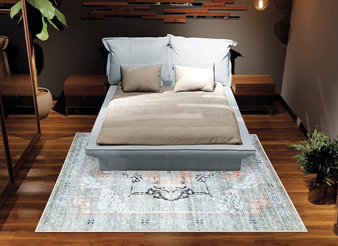Bloom Rugs Washable Non-Slip 4' x 6' Rug - Gray/Coral Pink Traditional Area Rug for Living Room, Bedroom, Dining Room, and Kitchen - Exact Size: 4' x 6'