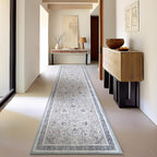 Phantoscope Washable Runner Rug 2'x10' Non-Slip, Vintage Neutral Hallway Rugs for Entryway, Stair, Bedroom, Distressed Boho Floral Medallion Pattern, Low-Pile Foldable Carpet, Light Grey/Neutral