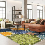 Colorful 6x9 Outdoor Area Rug Washable Multicolored Patio Rug Tropical Botanical Floral Chenille Waterproof Outdoor Carpet Non-Slip for Patio, Deck, Backyard, Porch, Green