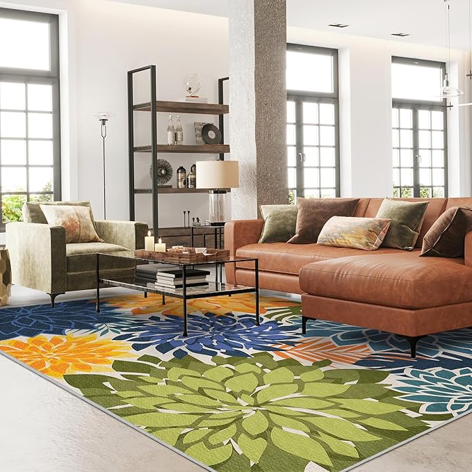 Colorful 8x10 Outdoor Area Rug Washable Multicolored Patio Rug Tropical Botanical Floral Chenille Waterproof Outdoor Carpet Non-Slip for Deck, Backyard, Porch, Green