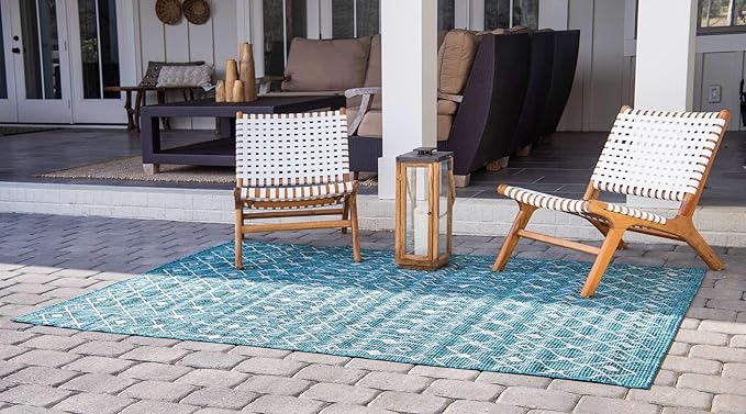 Unique Loom Outdoor Trellis Collection Area Rug - Tribal Trellis (8' x 11' 4" Rectangle, Teal/ Ivory)