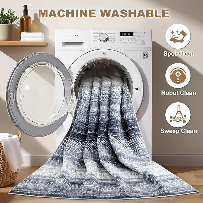 Nakagishi Area Rug Living Room Rugs: 7x9 Machine Washable Boho Large Neutral Farmhouse Stain Resistant Moroccan Indoor Floor Carpet for Bedroom Nursery Dorm Classroom Dining Room Home-Blue