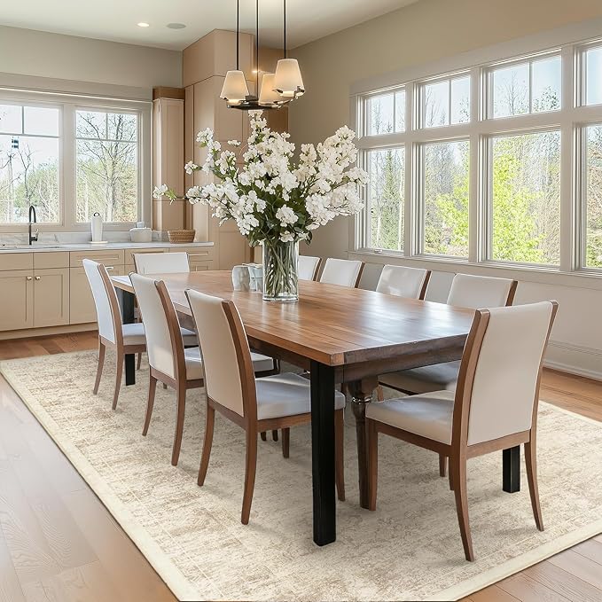 Distressed Beige Rugs for Living Room 6x9, Low Pile Thin Area Rugs for Bedroom Manchine Washable Non Slip, Natural Farmhouse Medallion Pinted Carpet for Dining Room Guest Room Home Office
