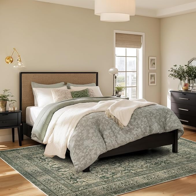 Vintage Washable Area Rug for Living Room,Low Pile 6x9 Non Slip Carpet Non-Shedding Area Rug Soft Indoor Stain Resistant Rug Floral Print Mat for Bedroom Dining Room Green