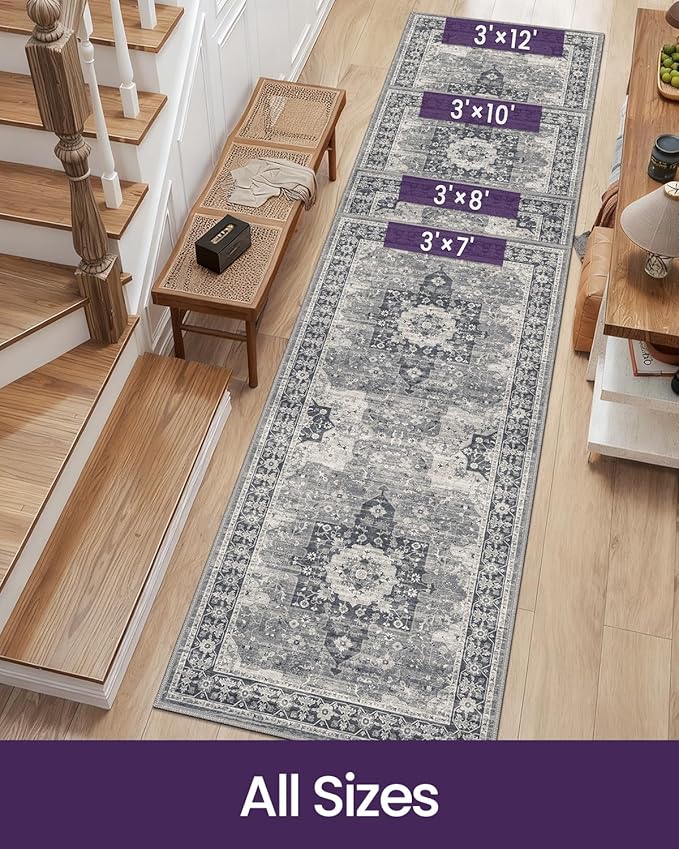 DEXI Hallway Runner Rug 3x8, Distressed Non Slip Runners Carpet, Boho Vintage Soft Thin Indoor Rug, Stain Resistant Washable Entry Mat for Entryway Kitchen Laundry Room Living Room, Blue Grey