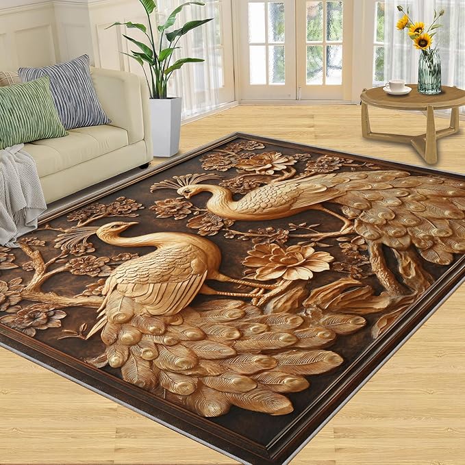 Peacock Rugs for Bedroom - 3x5 Rug, European Style Area Rugs for Living Room, Peacock Decor Carpet, Gold Peafowl Washable Area Mat, Luxury Carpet - Peafowl Home Decor & Gifts