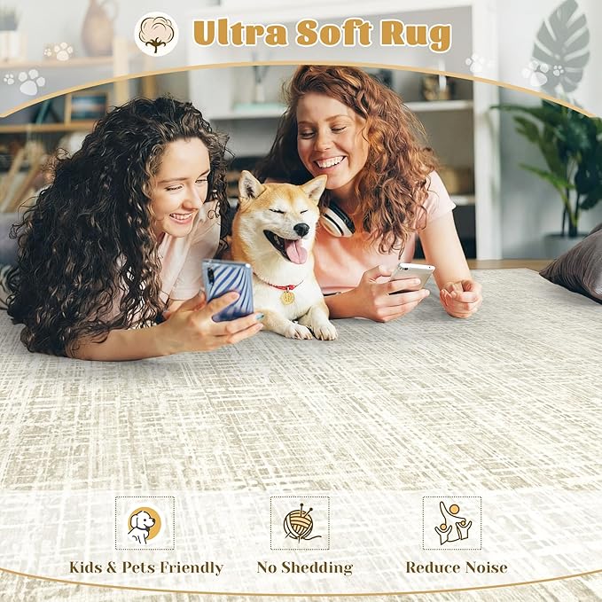 9x12 Area Rugs for Living Room, Washable Large Area Rug Neutral Modern Abstract Bedroom Rug Soft Non Slip Low Pile Stain Resistant Indoor Carpet for Kids Playroom Dining Room Office(Beige, 9'x12')