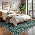 KOZYFLY Boho Area Rug 6x9 Ft Thin Washable Rugs for Bedroom and Living Room Faux Wool Printed Throw Carpet Non Slip Rug for Entryway Kitchen Dining Room, Dark Green