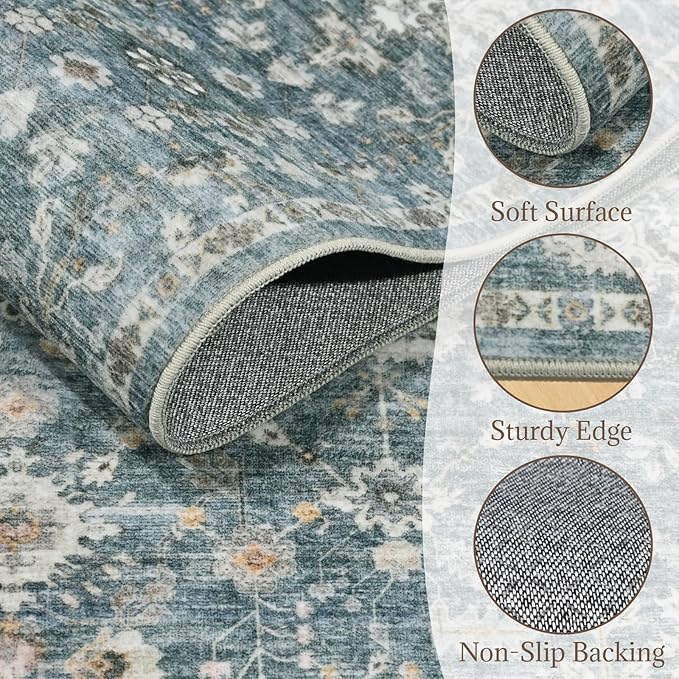 Washable Area Rugs 5'x7' Non-Slip Vintage Boho Distressed Fade Resistant Low Pile Carpet for High-Traffic Living Room, Bedroom & Dining Room