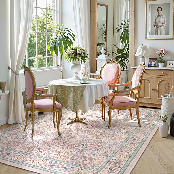 Lahome Floral Washable Area Rugs 5x7, Soft Pink Rugs for Living Room Bedroom, Boho Non Slip Low Pile Forest Stain Resistance Large Throw Carpet for Farmhouse Dining Room Office, Pink