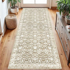 Vintage Floral 2.6x8 Runner Rug, Beige Tan White Washable Kitchen Runner Rug Non-Slip Hallway Rug Runner Thin Printed Faux Wool Super Soft Carpet for Entryway Bedroom Laundry Room Indoor