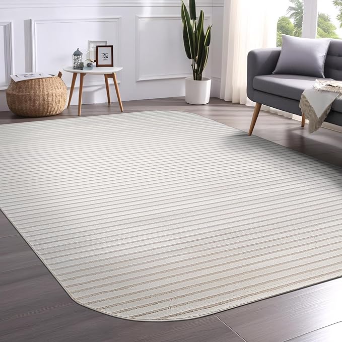 Beverly Rug Modern Geometric Area Rug 4x6 Low-High Pile Durable Soft Abstract Striped Indoor Rugs for Living Dining Room Office Stain Resistant Non Shedding Casual Indoor Carpet Beige White 4 x 6