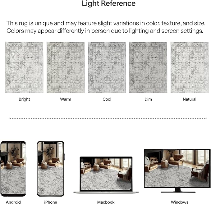ReaLife Rugs Machine Washable Area Rug - Living Room Bedroom Bathroom Kitchen Entryway Office - Padded Low Pile Stain Resistant Premium - Boho Farmhouse Vintage - Noor - Ivory Grey 5' x 7'