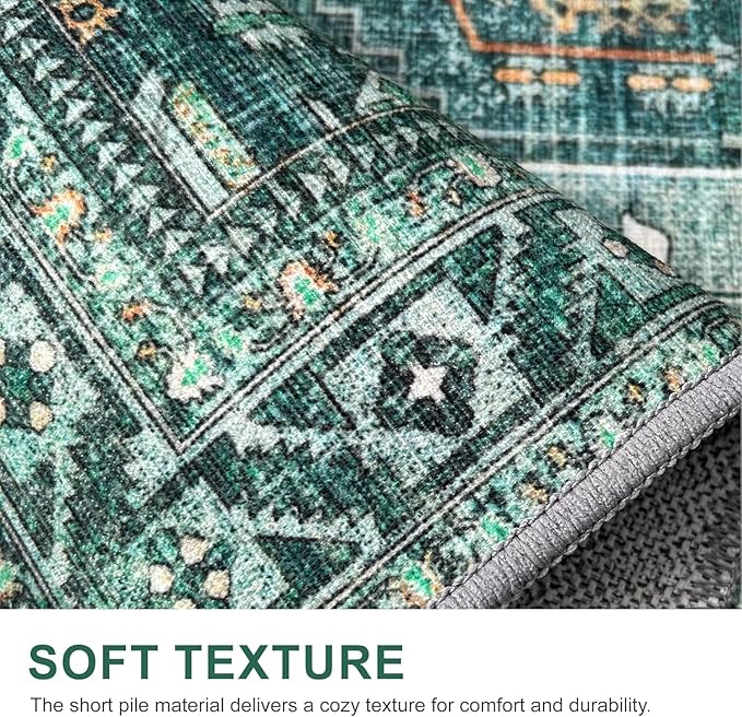 Bavni 2x3 Entryway Rug Bathroom Rugs for Front Door Bedroom Bathroom Kitchen, Washable Vintage Print Carpet, Ultra-Thin Chenille Lightweight Rug with Non Slip Backing, Dark Green