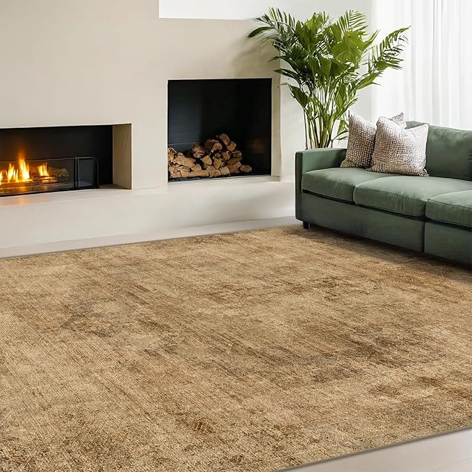 Large Entryway Rug Washable - 5x8 Brown and Mustard Yellow Rug for Mudroom, Foyer, Hall, Living Room, Washable Low Pile Stain Resistent