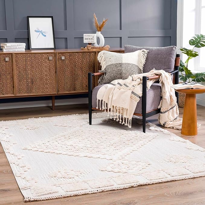 Hauteloom Rosales Farmhouse Living Room Bedroom Modern Moroccan Medallion Area Rug - Soft Shaggy High Low Carpet - High Pile - Bohemian, Boho - White, Beige, Cream - 6'7" x 9'