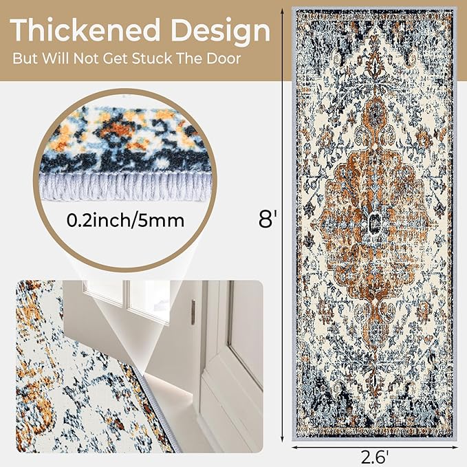 Hallway Washable Runner Rug 2'6x8 - Vintage Kitchen Runner Rugs with Non Slip Backing Stain Resistant Rugs for Living Room Bedroom Floor Distressed Carpet Runners for Farmhouse, Laundry