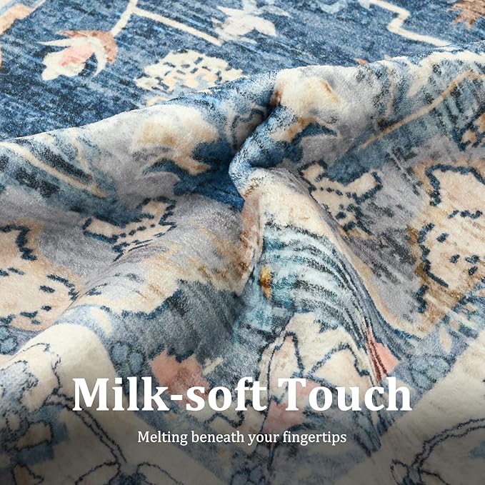 Large Area Rugs 9x12, Low Pile Washable Rugs - Soft Vintage Distressed Rugs for Living Room Bedroom, Office, Dining Room, Water Repellent & Non Shedding, Blue and Orange