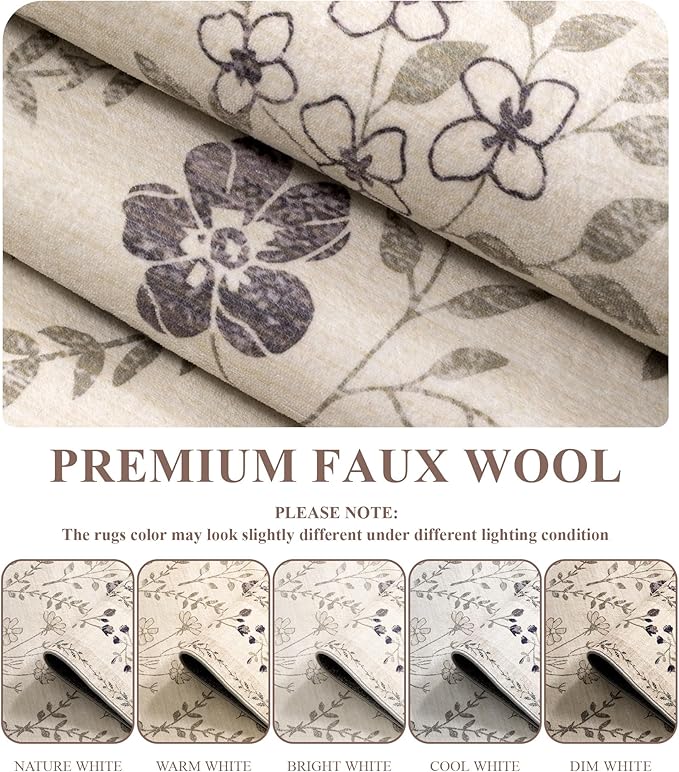 YIHOUSE 6x9 Washable Rug for Bedroom, Beige Floral Rugs for Living Room Non Slip Ultra-Thin Large Boho Rug for Kids Playroom, Classroom, Girls Dorm, Nursery, Beige Multi