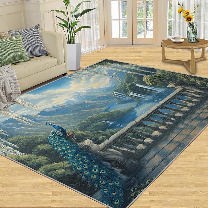 Peacock Rug Small - 3x5 Rug, Peacock Decor Washable Rugs for Living Room, Nature Waterfall Carpet, Natural Landscapes Non-Slip Area Rugs for Bedroom, Aesthetics Carpet - Peafowl Home Decor & Gifts