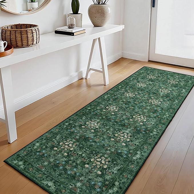 Boho Green Long Hallway Runner Rug 2x6 Washable, Farmhouse Floral Botanical Non Skid Kitchen Floor Mat - Vintage Soft Throw Rug for Bathroom, Indoor Entrance, Foyer, Bedroom Bedside, Laundry