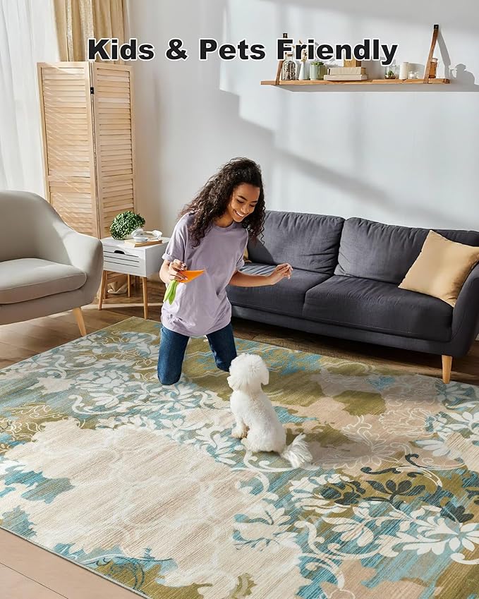 Washable Abstract Rug, 6x9 Willow Green and Blue Floral Area Rugs with Non-Slip Rubber Backed for Living Room, Low Pile Modern Throw Carpet Bedroom Dining Room Decor