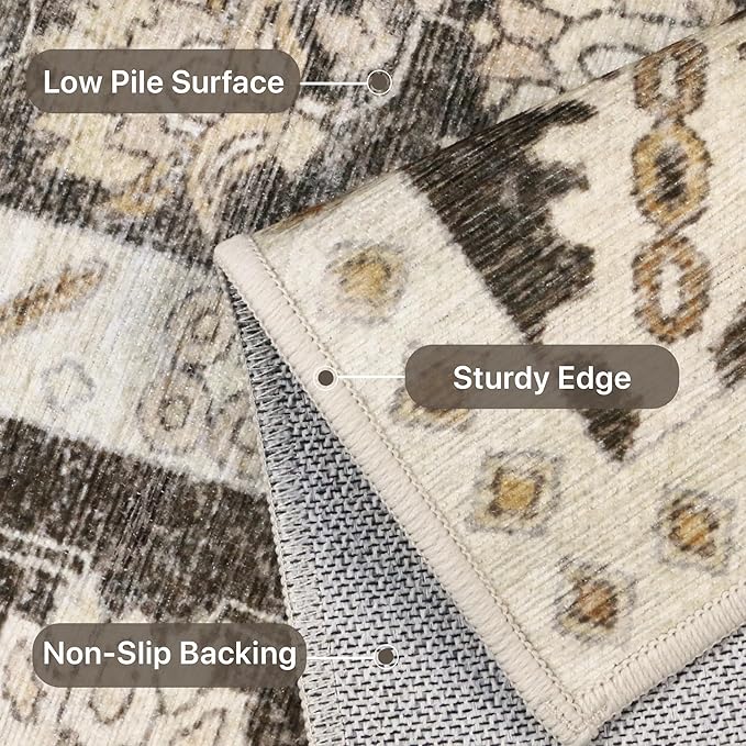 2x5 Runner Rug Machine Washable Boho Runners for Hallway,Ultra-Thin Low Pile Rug,Lightweight Indoor Carpet,Non Slip Floral Runners for Enrtyway, Corridor, Home Office, Kitchen,Brown