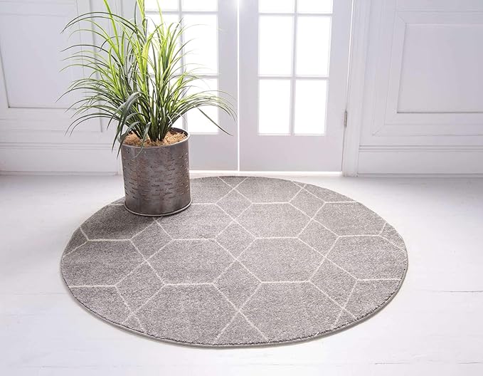 Unique Loom Trellis Frieze Collection Area Rug - Geometric (4' 1" Round Light Gray/Ivory)