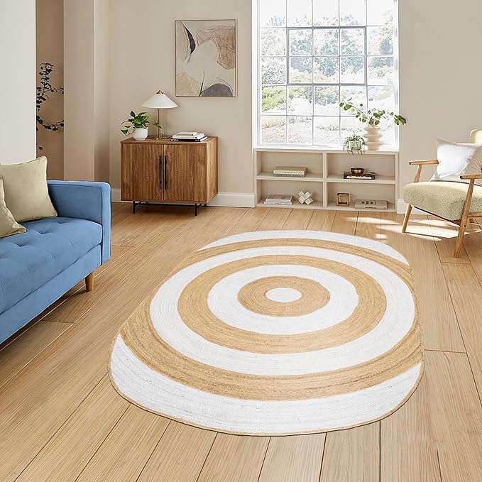 2.6x16 Oval Kilim Jute Runner – Handmade Boho Rug, Hand Braided Jute, 0.27" Thick Flatweave, Solid White Beige Oval Carpet for Hallway, Staircase, Entryway, Corridor