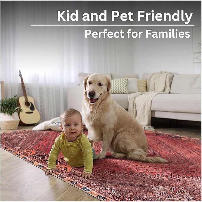Bloom Rugs Washable Non-Slip 9' x 12' Rug - Red/Multicolor Traditional Bordered Area Rug for Living Room, Bedroom, Dining Room, and Kitchen - Exact Size: 9' x 12'