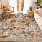Floral 5x7 Area Rug Machine Washable Soft Print Boho Carpet Non Slip Doormat Low Pile Flower Area Rugs for Living Room Bedroom Nursery Kitchen Dining Room Indoor-Brown/Brick