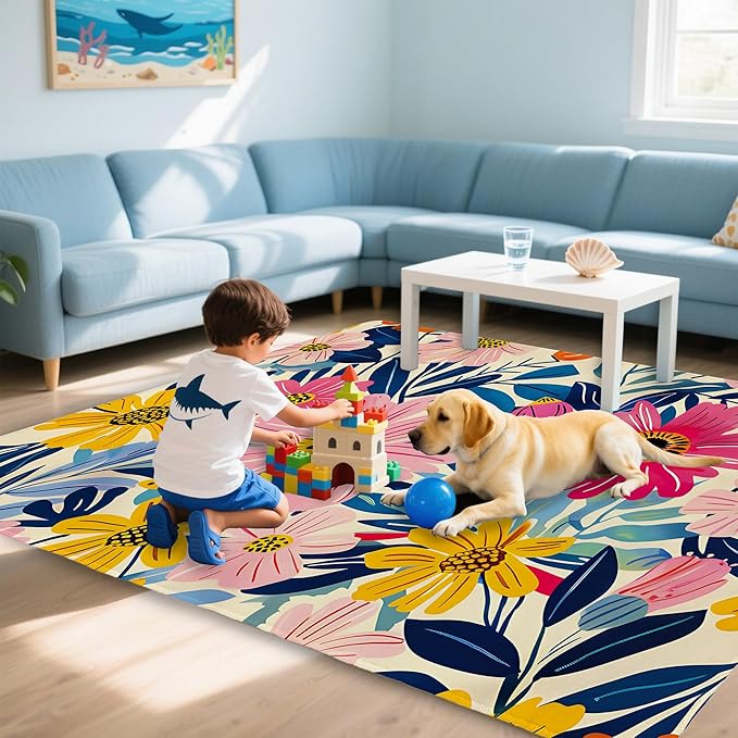 Pink Flowers Summer Area Rug for Living Room, Non-Slip Backing Low Pile Modern Abstract Rug for Indoor Use, 5x7 Washable Carpet