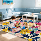 Pink Flowers Summer Area Rug for Living Room, Non-Slip Backing Low Pile Modern Abstract Rug for Indoor Use, 3x5 Washable Carpet